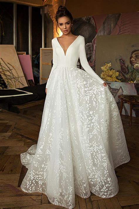 long sleeve v neck wedding dresses